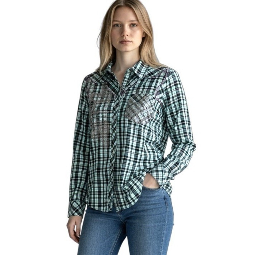 Rock 47 Wrangler Western Shirt Women's Size M Plaid‎ Western Cowgirl Rodeo